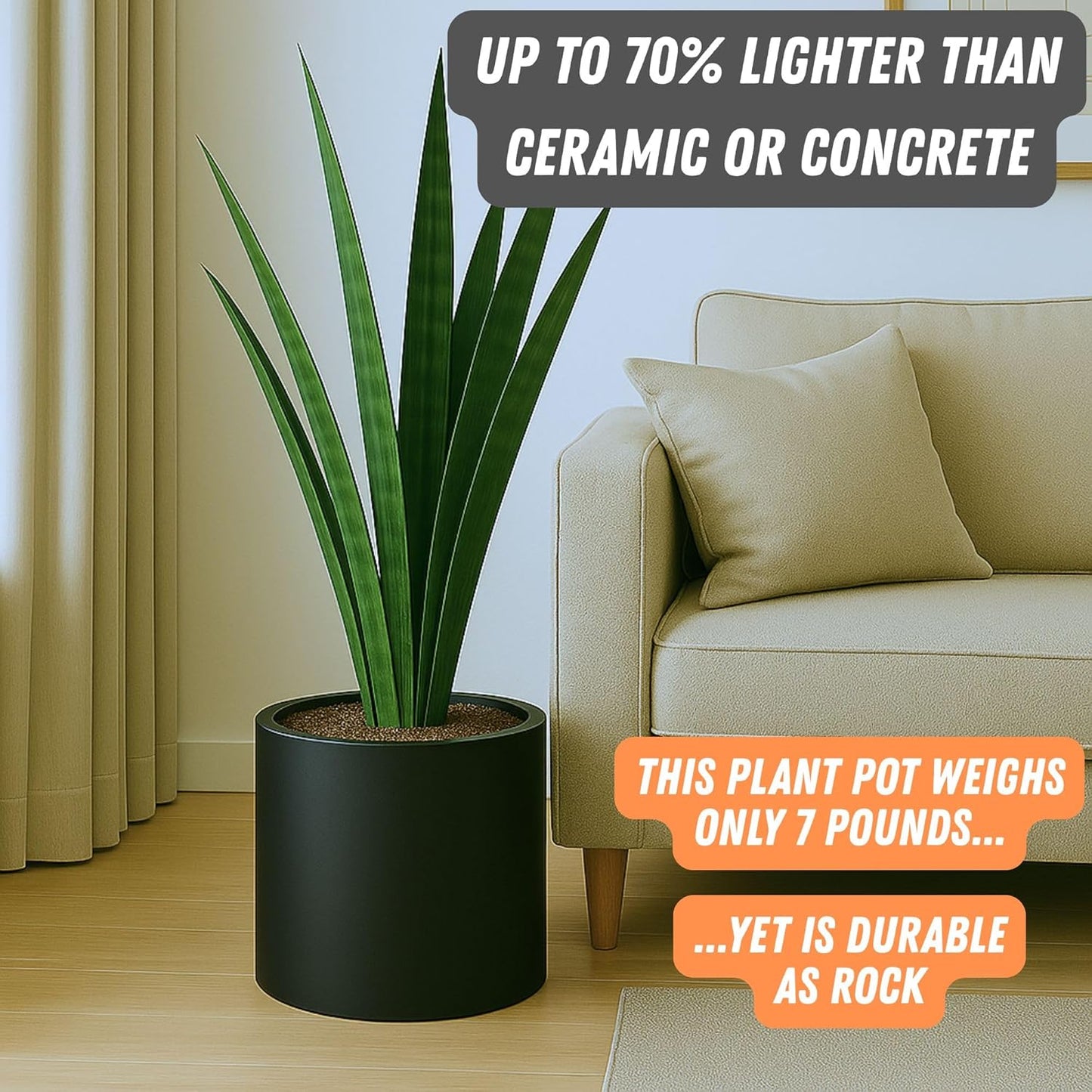 Fox & Fern Large 12 Inch Black Plant Pot — Premium Lightweight Fiberstone Matte Black Planter w Drainage Plug; Large Indoor & Outdoor Planter; 12 Inch Pots for Plants; Weather Resistant & UV Resistant