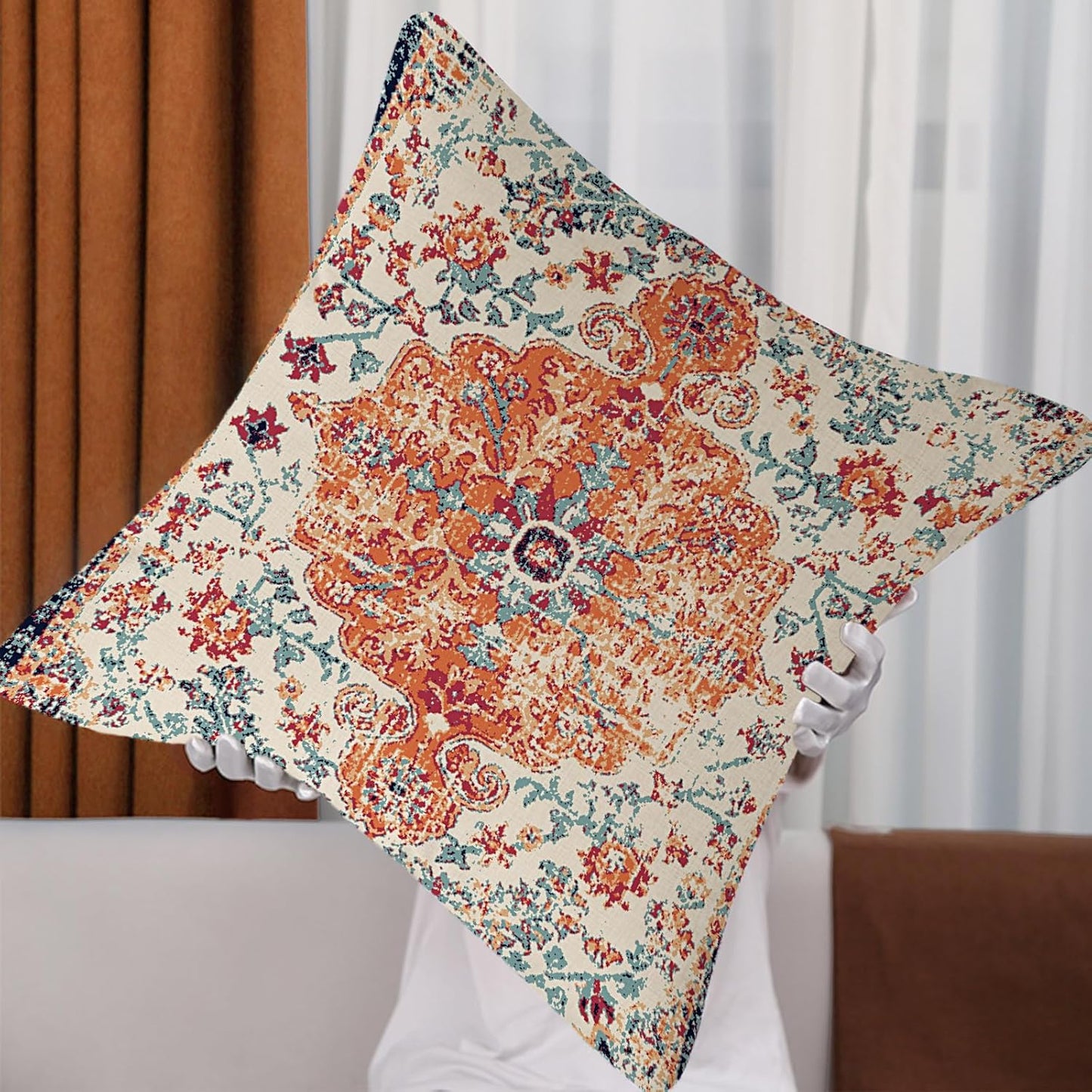 Outdoor Waterproof Pillow Covers - 20x20 Inch Set of 2 Bohemian Vintage Carpet Pattern Pillow Covers in Orange and Blue Ethnic Design for Decorative Farmhouse, Couch, Garden, Balcony