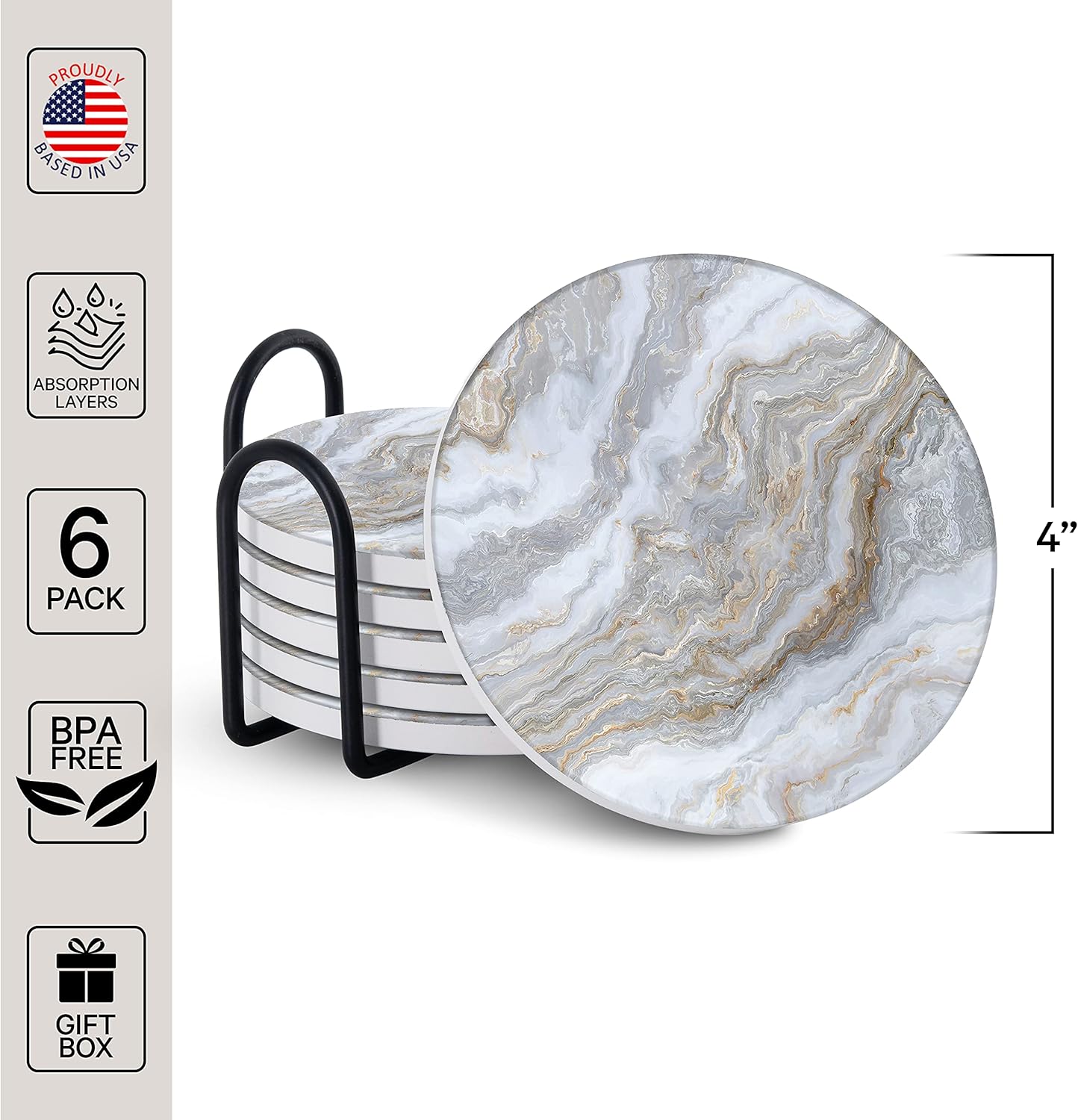 Emerson Coasters for Drinks Absorbent – Natural Stone Drink Coasters Set with Holder, Coasters for Coffee Table, Wooden Tabletop Protection Marble Style – 100% Heavy Duty Set of 6 (Sky)