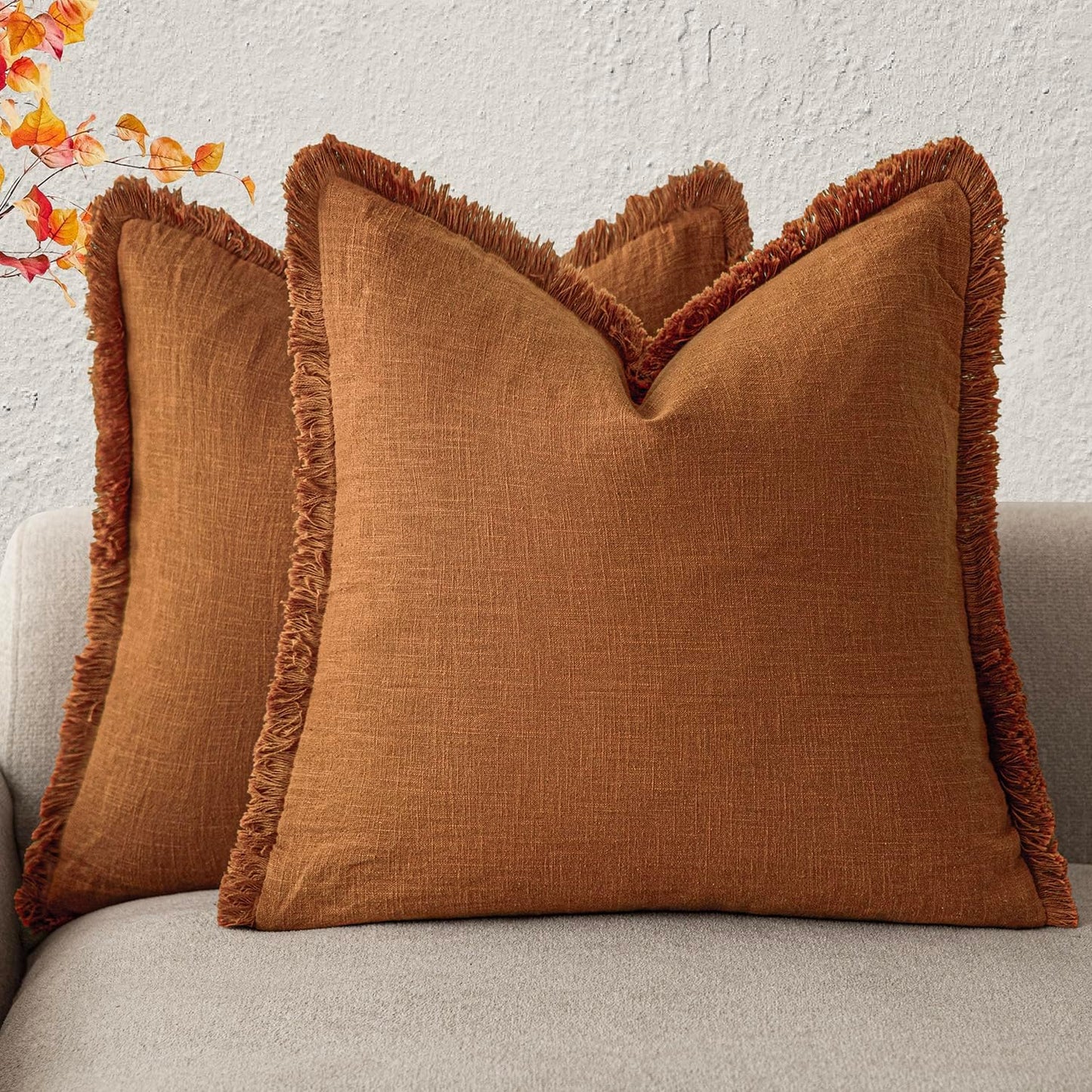 Foindtower Set of 2 Decorative Linen Fringe Throw Pillow Covers Cozy Boho Farmhouse Cushion Cover with Tassels Soft Accent Pillowcase for Couch Sofa Bed Living Room Home Decor, 18×18 Inch, Orange