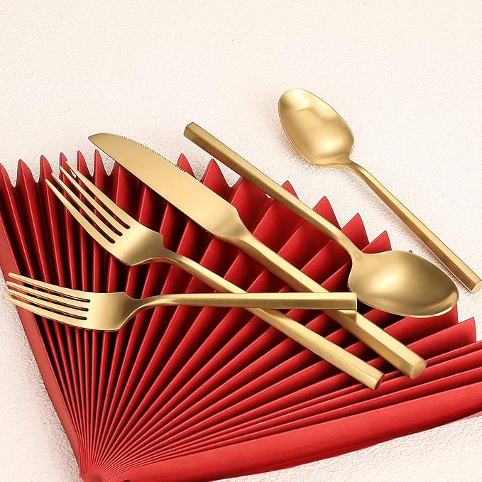 Matte Silverware Set Gold Flatware Set with Hexagon Handle 20 Pieces 18/0 Stainless Steel Cutlery Set Wedding Housewarming Gift Service for 4 (Matt gold)