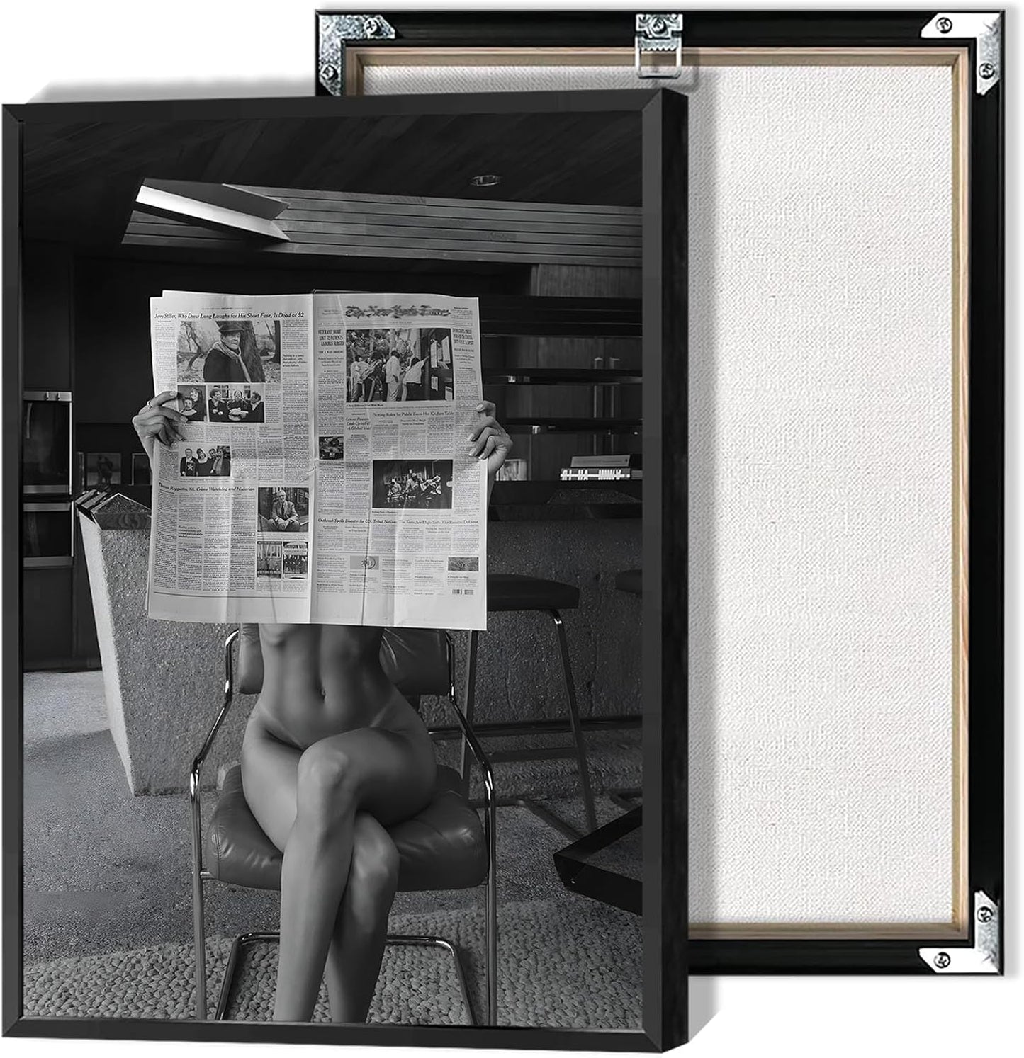 Sexy Glamorous Reader Poster Feminist Art Black and White Preppy Canvas wall art Retro Room Aesthetic Newspaper prints painting Trendy Naked Women Art wall decor 16x24in Framed