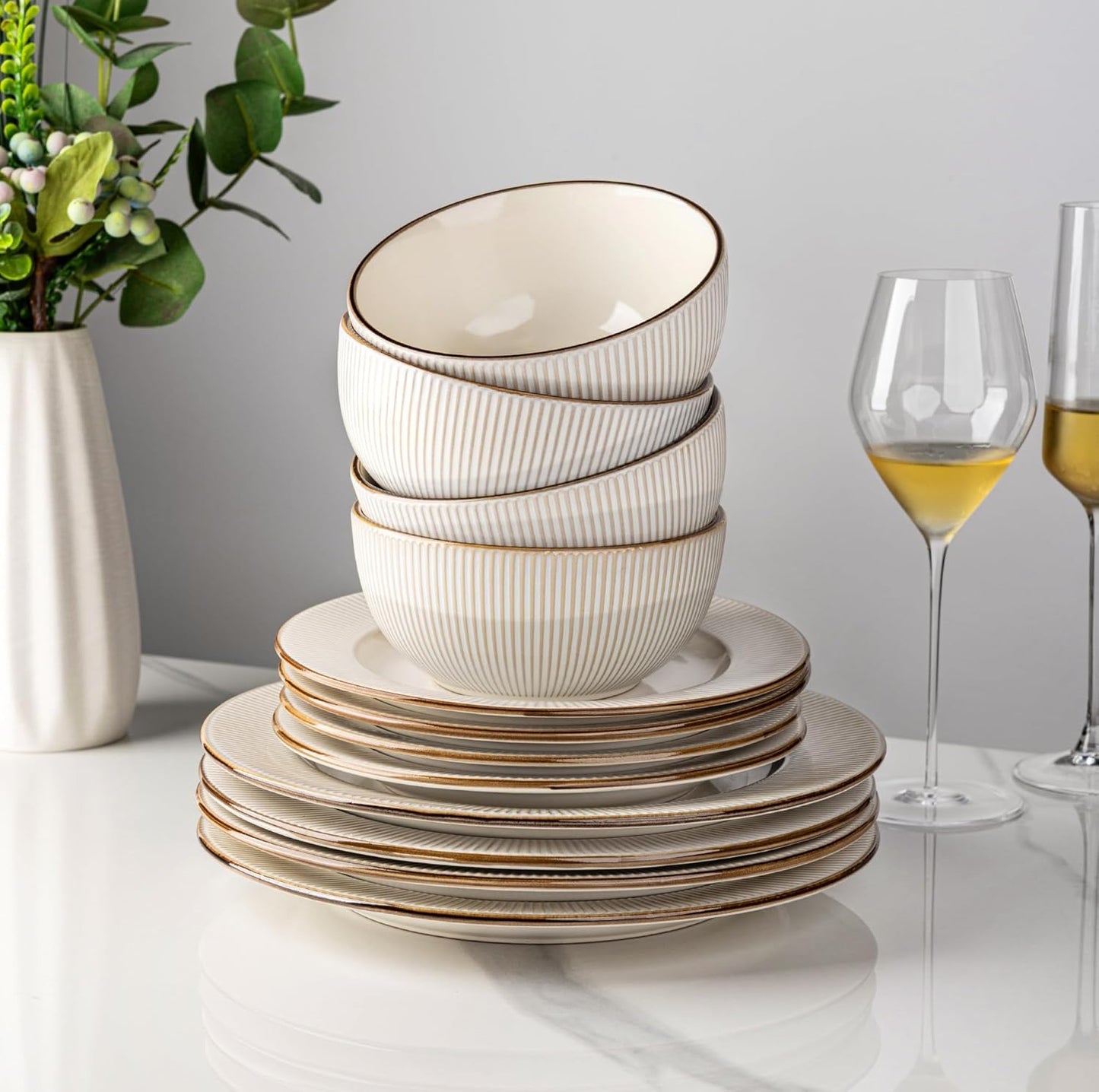 GBHOME Ceramic Dinnerware Sets,12 pcs Embossed Elegant Stoneware Plates and Bowls Sets, Housewarming Wedding Gift | Dishwasher & Microwave Safe | Dishes Set Service for 4
