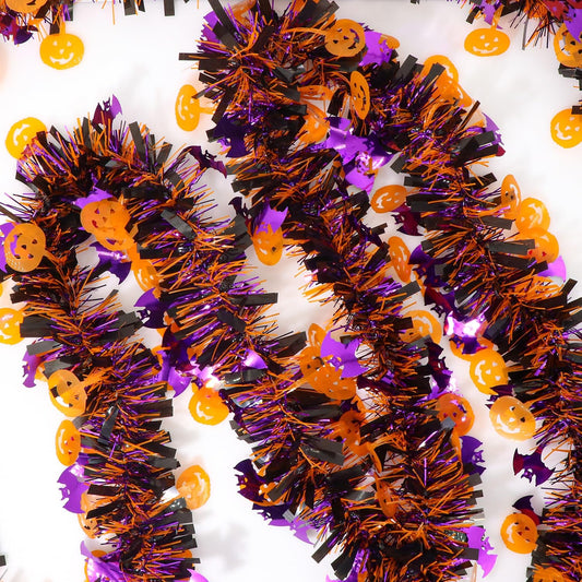 50 Ft Halloween Tinsel Garlands,Funny Pumpkin Purple Bats Shiny Metallic Twist Foil Tinsel Garland Hanging Holiday Decorations for Home Indoor Outdoor Festivities Party Decor
