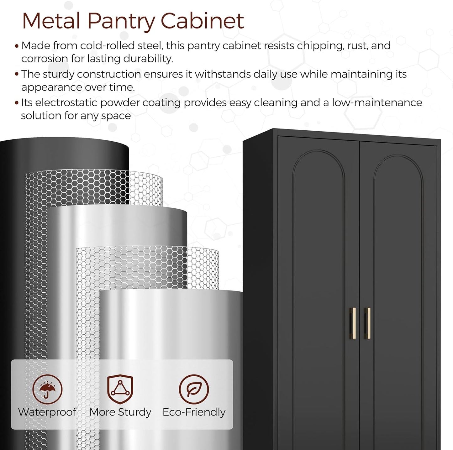 71" Tall Metal Pantry Cabinet with 4 Adjustable Shelves and Gold Handles Heavy-Duty Steel Storage for Kitchen, Dining Room or Office