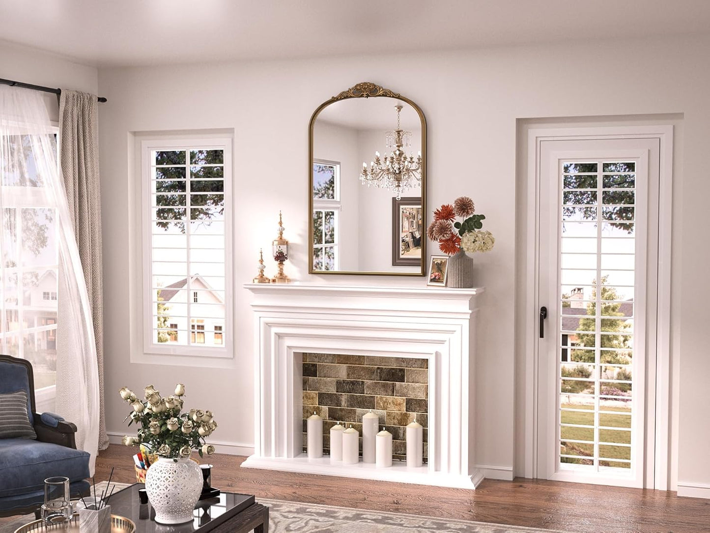 Keonjinn Vintage Mirror Gold 24" x 36", Arched Decorative Mirrors for Wall Decor, Antique Mirrors Bathroom, Ornate Baroque Brass Mirror for Mantle, Entryway, Living Room, French Cleat Mounting