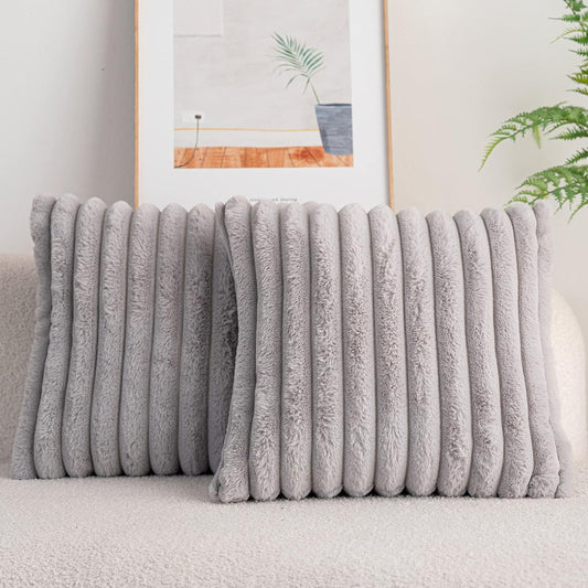 DEELAND Pack of 2,Double-Sided Faux Fur Plush Decorative Throw Pillow Covers Fuzzy Striped Soft Pillowcase Cushion Covers for Sofa Couch Bedroom Lightgrey 26x26 inch