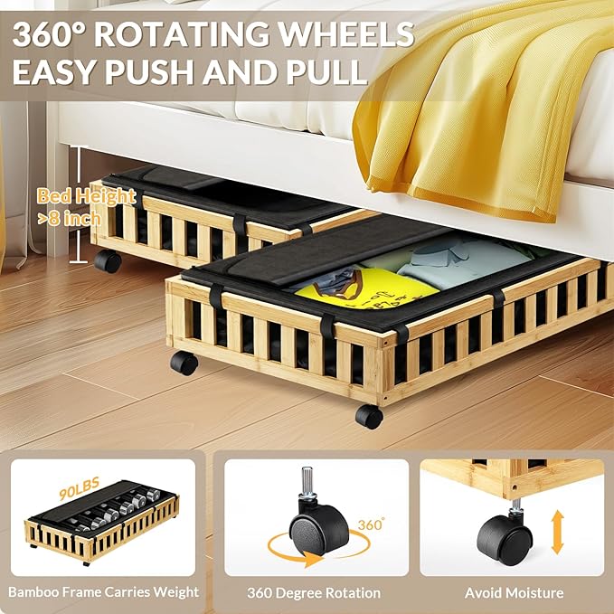 2 Pack Bamboo Under Bed Storage with Wheels, 39”x20”x7.8” Lager Under Bed Storage Containers (Natural)