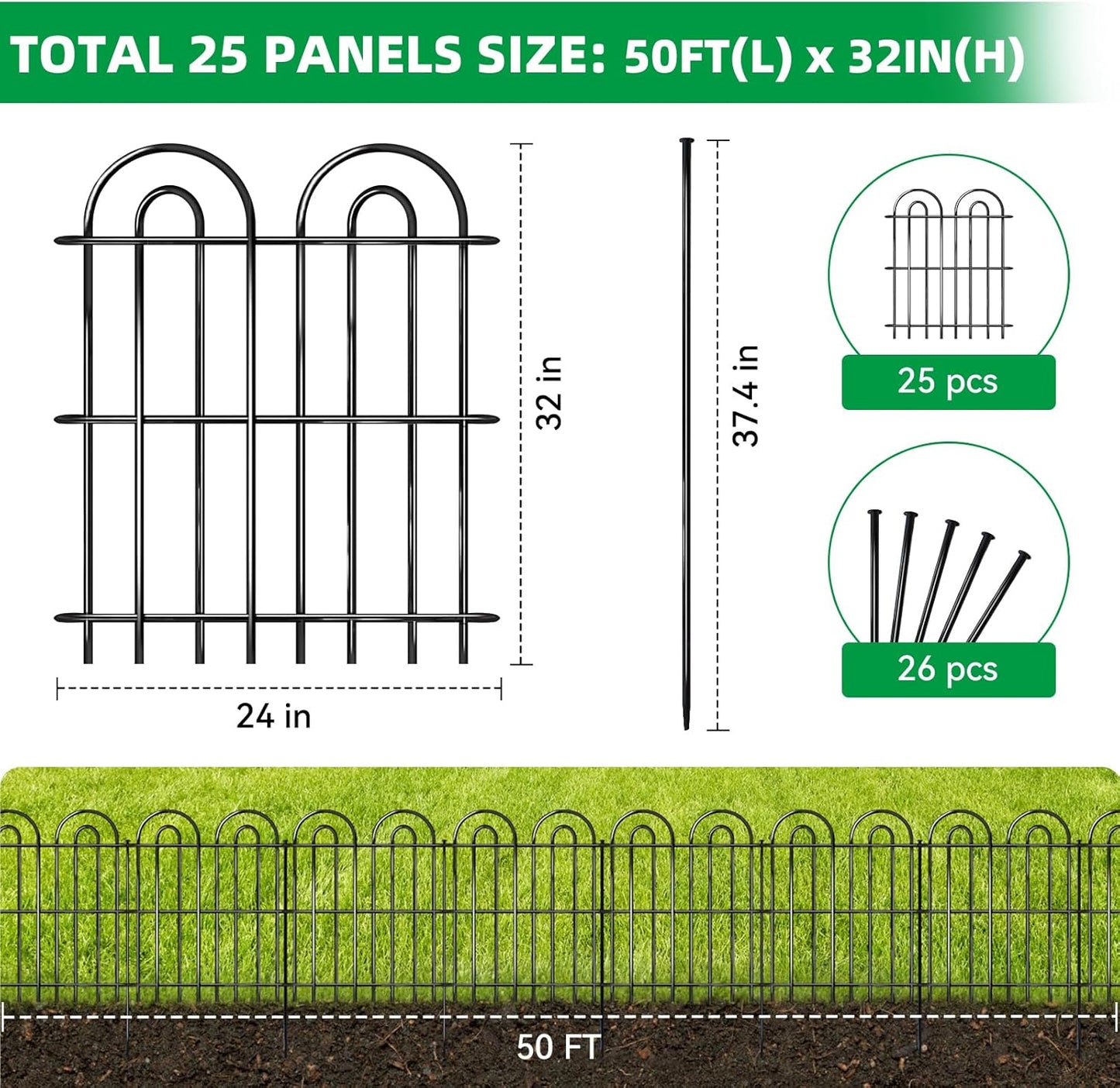 25 Panels Decorative Garden Fence, 32 in(H) X 50 ft(L) No Dig Dog Fence Outdoor for Yard, Rustproof Tall Metal Garden Fencing Animal Barrier with Ground Stakes, Temporary Fencing for Patio Outdoor