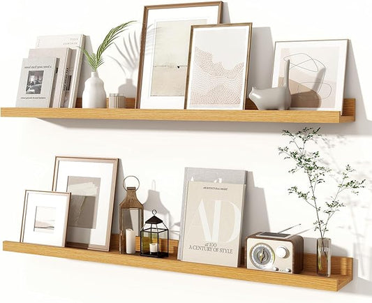 Fun Memories Picture Ledge Shelves Set of 2, 36 Inch Rustic Wall Mounted Floating Shelves with Lip for Home Storage and Décor in Bathroom, Kitchen, Nursery, Bedroom, Living Room, Oak