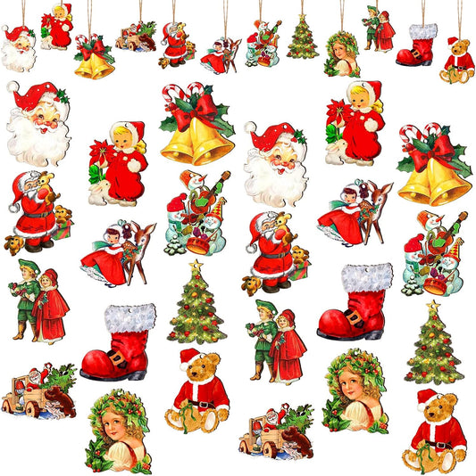 48 Pcs Victorian Style Wood Christmas Tree Ornaments - Hanging Vintage Decorations With Santa Claus and Snowman - Retro Wooden Ornament (Vivid Style)