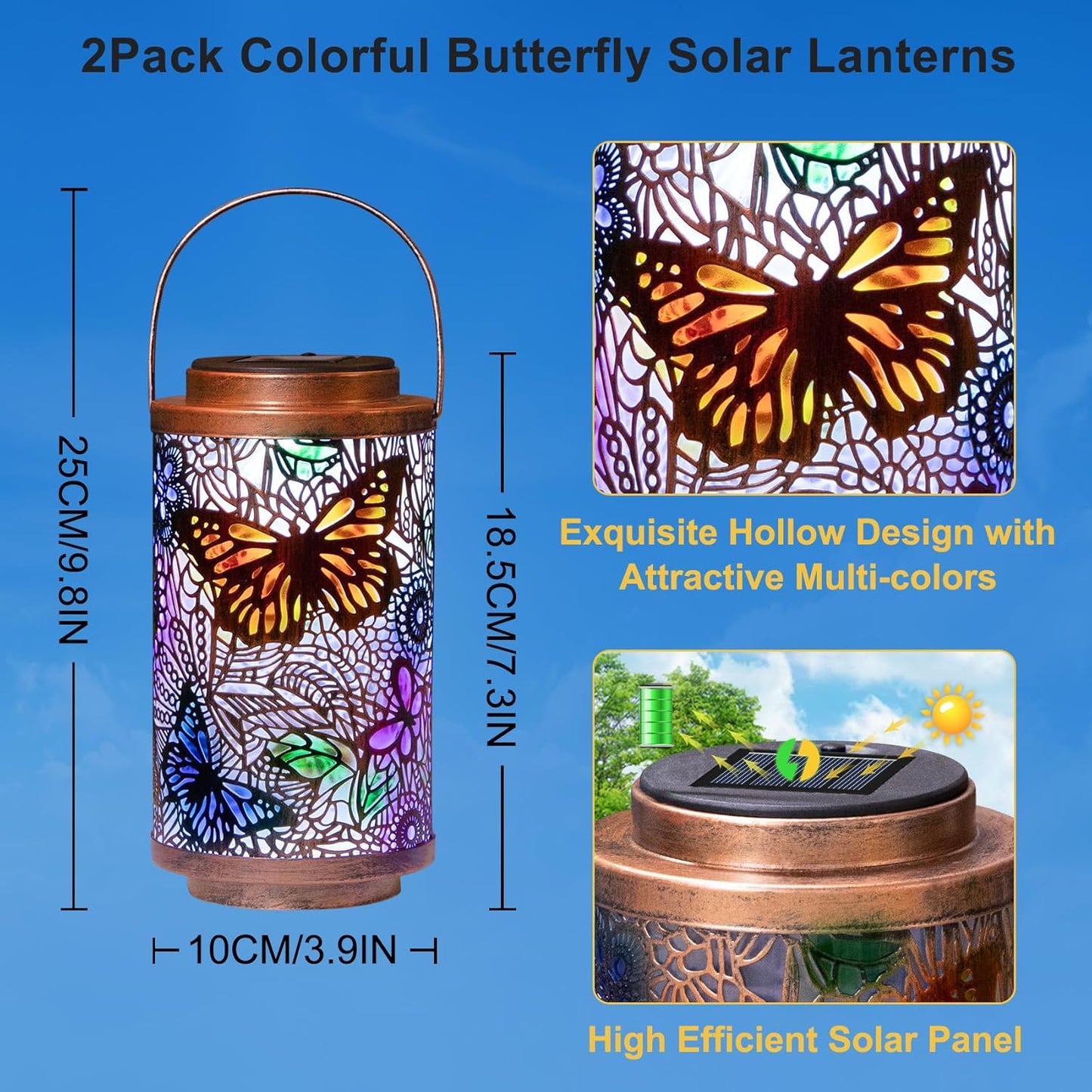 2Pack Solar Lanterns Outdoor Waterproof Colorful Butterfly Garden Gifts for Women, Multicolor Solar Outside Lights Patio Lantern for Yard, Backyard, Porch, Mothers Day Gifts for Mom Grandma Wife