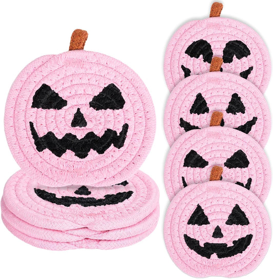 Whaline Halloween Pumpkin Cotton Coasters Pink Pumpkin Face Handmade Braided Drink Coasters Absorbent Cup Mats for Trick or Treat Party Home Table Decor, Set of 4