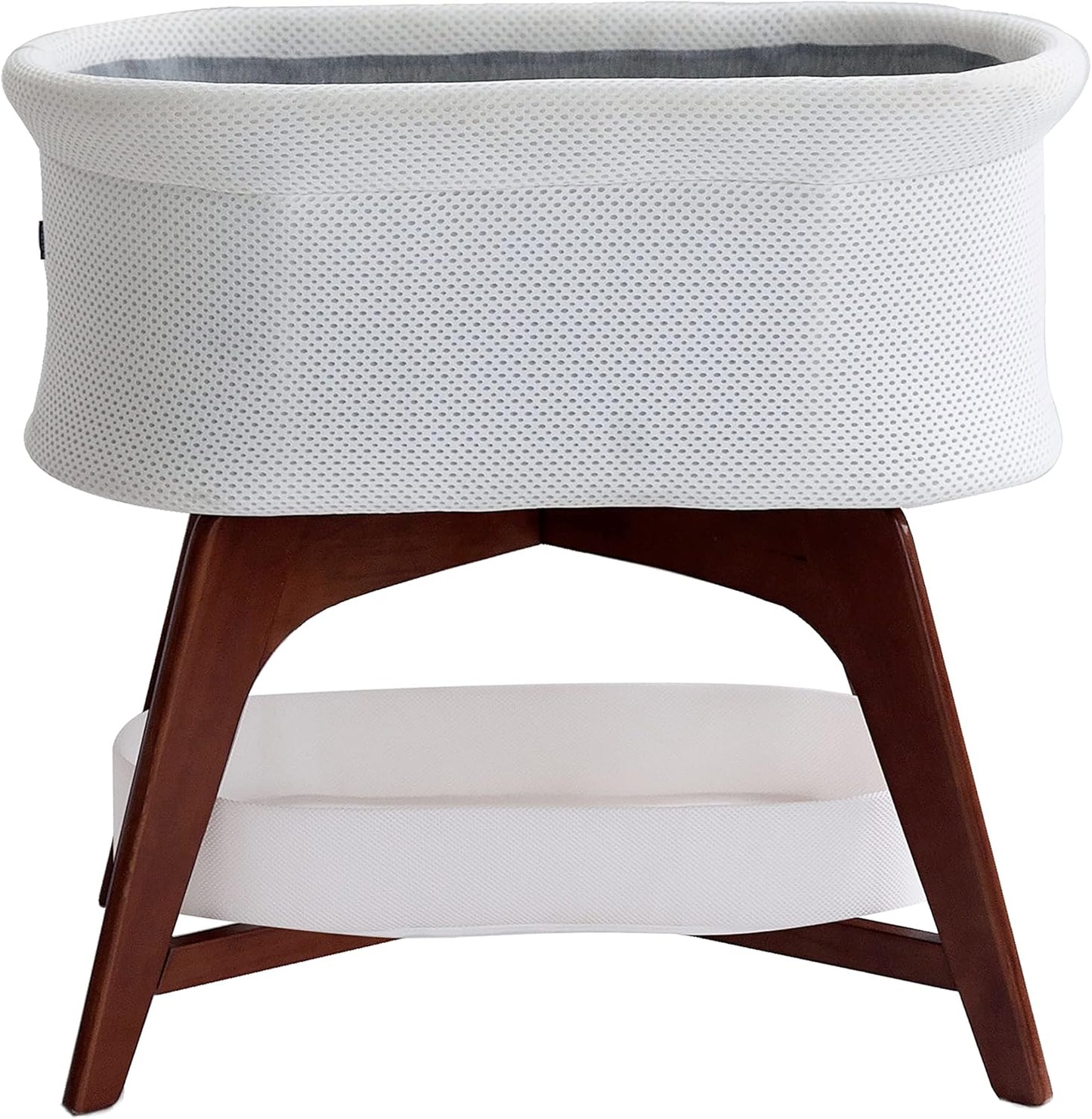 Evi Smart Baby Bassinet Beside Sleeper with Auto-Glide, Ambient Nightlight & Sensory Sounds, Compatible with Alexa and Google Home, Includes 2 Sheets (Soft White W/Natural Legs)