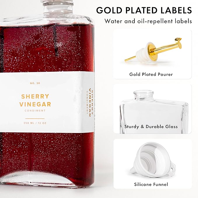 Glass Olive Oil Dispenser Bottle Set [4x12oz]: 36 Premium Gold Labels, Oil Dispenser for kitchen, Vinegar Bottle Set, Glass Dispensers for Soy Sauce, Syrup Bottles | Set of 4