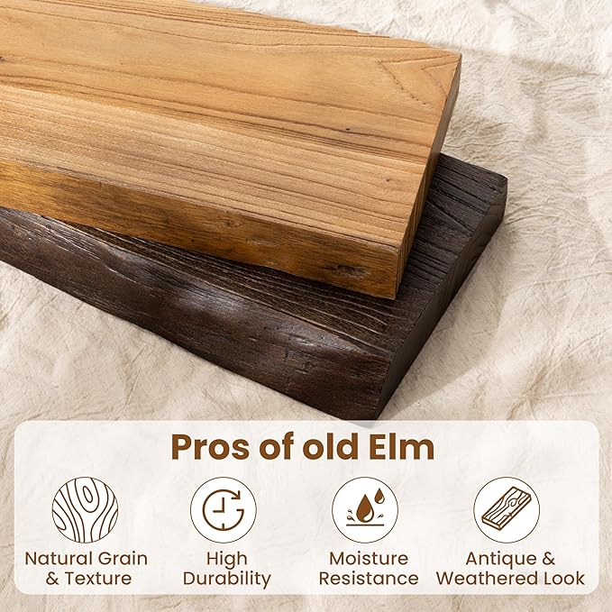 24" Floating Shelves, Live Edge Solid Elm Wood Floating Shelf, Wall Mounted Display Shelves with Heavy-Duty Bracket for Books, Rustic Wooden Shelf for Kitchen, Bathroom, Natural Color, Set of 2