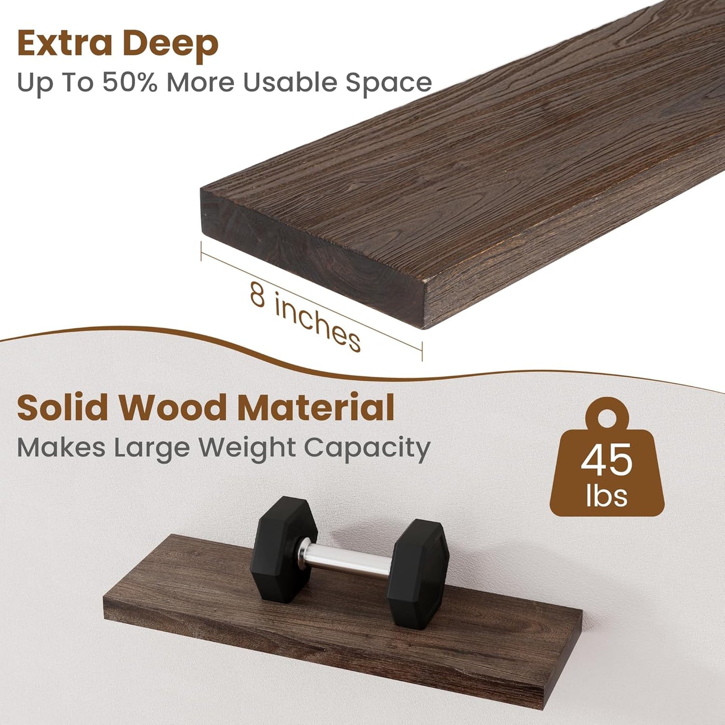 Floating Shelves for Wall Decor, 8 Inch Deep Rustic Solid Elm Wood Floating Shelves Wall Mounted, Wall Shelves with Invisible Bracket for Living Room Bathroom Bedroom Kitchen, 24 Inch Set of 2, Walnut