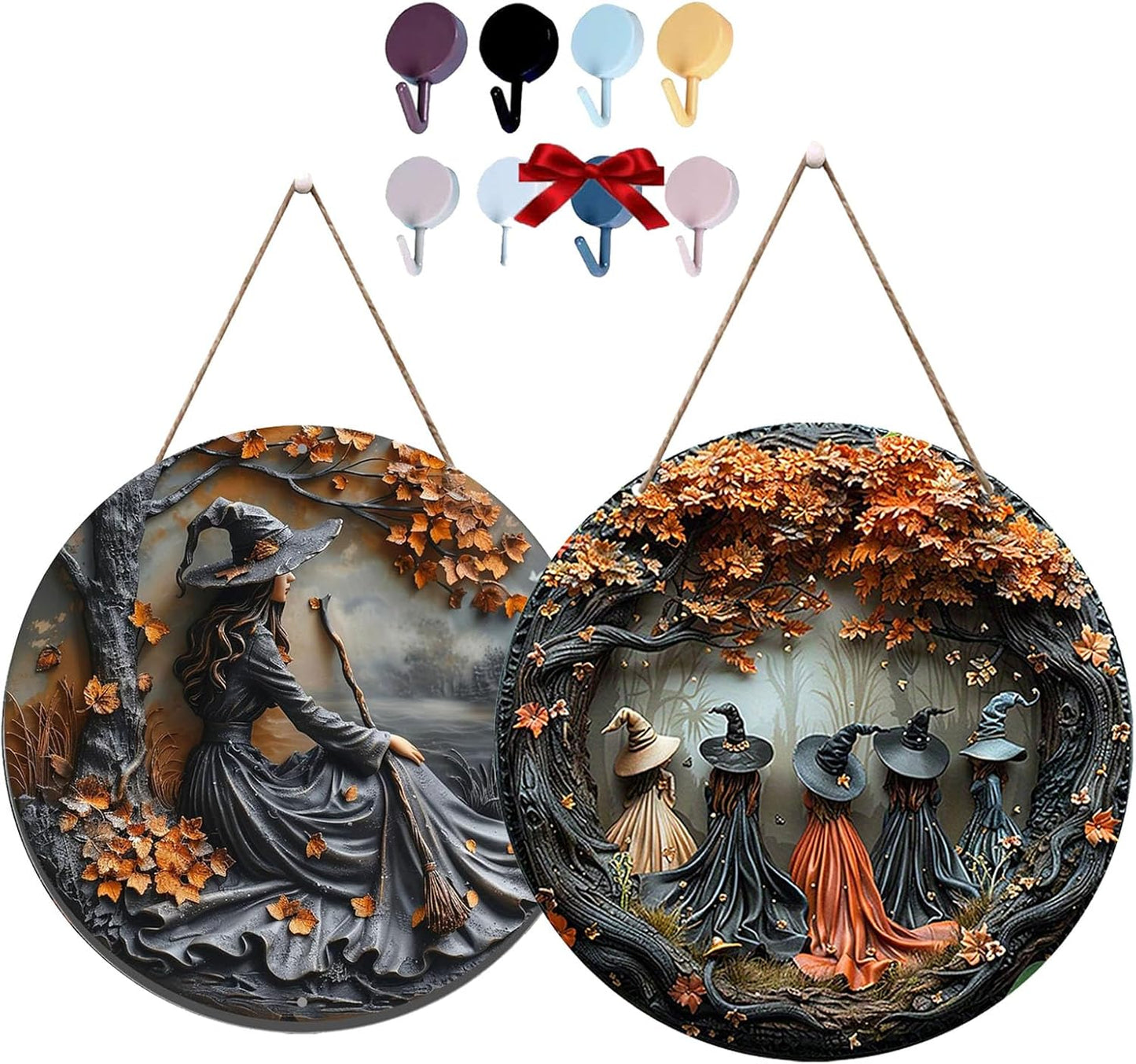 Fanyil/Olygee/Sherum/Shirem/Pubyfun/Glosrity/Libilin/Graddi/Solymody/Gowebs/Goredny/Vianys Witching Hour, Door Way Hanging Decor Halloween, 2D Wooden Round Witches Sign (A+C, 11.8")