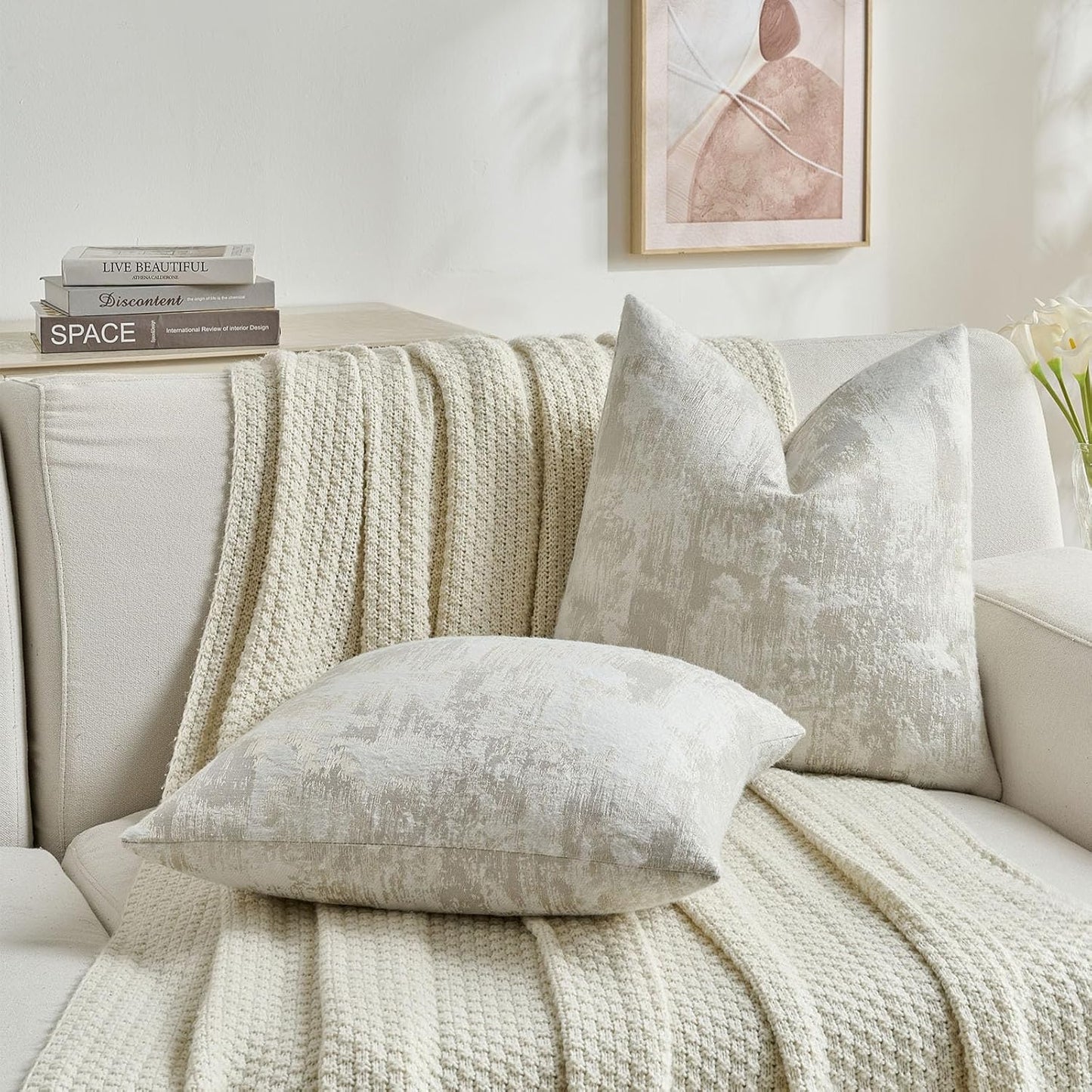 FUTEI Beige White Decorative Throw Pillow Covers 20x20 Inch Set of 2,Soft Faux Cashmere Jacquard - Textured & Cozy Cushion Case,Modern Home Decor for Couch Bed Living Room