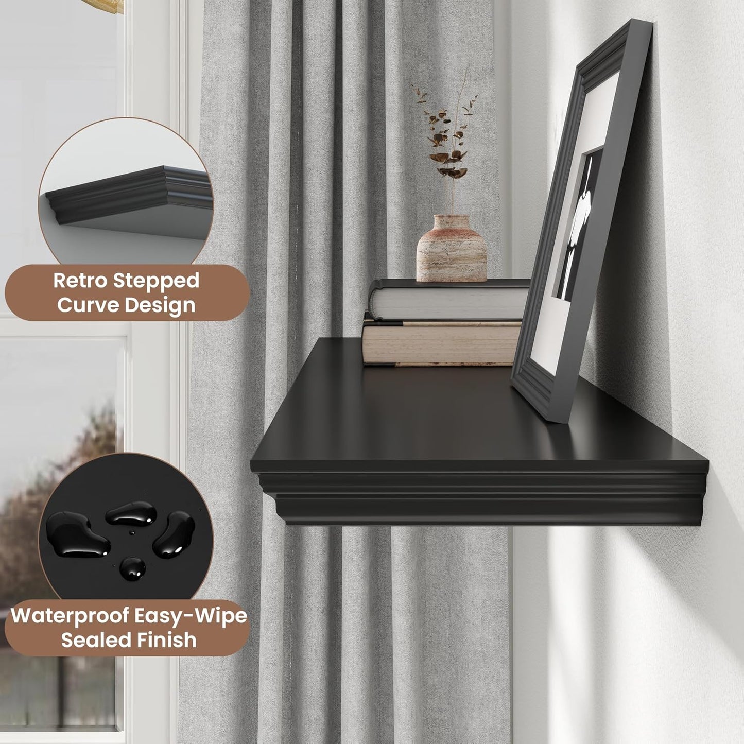 Floating Shelves for Wall, 55 Inch Long Wall Mounted Black Hanging Shelf for Kitchen, Living Room, Office, Bedroom, Bathroom, Retro Vintage Wood Bookshelf for House Decor