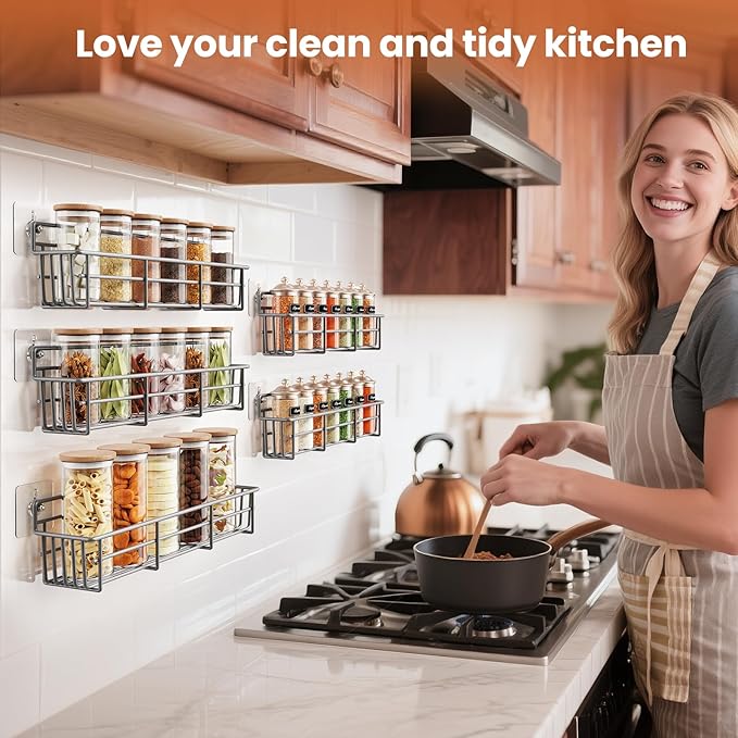 5 Pack Spice Rack Seasoning Organizer Wall Mount, Screw or Adhesive Hanging Shelf Basket Spice Organizer Shelf for Kitchen, Gray