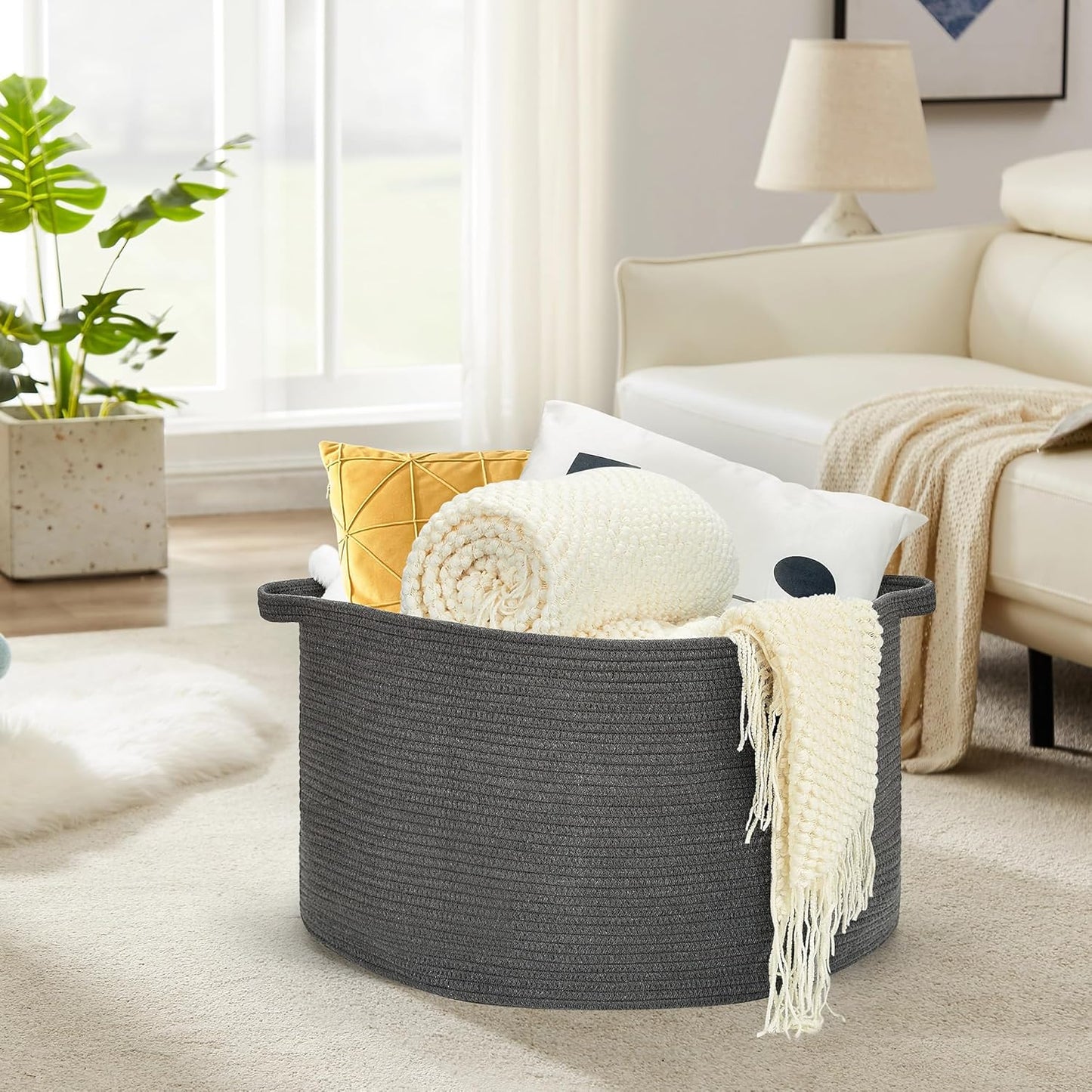 Ravinte Large Storage Basket - 22"x 22"x 14" Blanket Basket for Living Room, Baby Toy Storage Basket, Cotton Rope Basket Woven Laundry Basket (Gray)