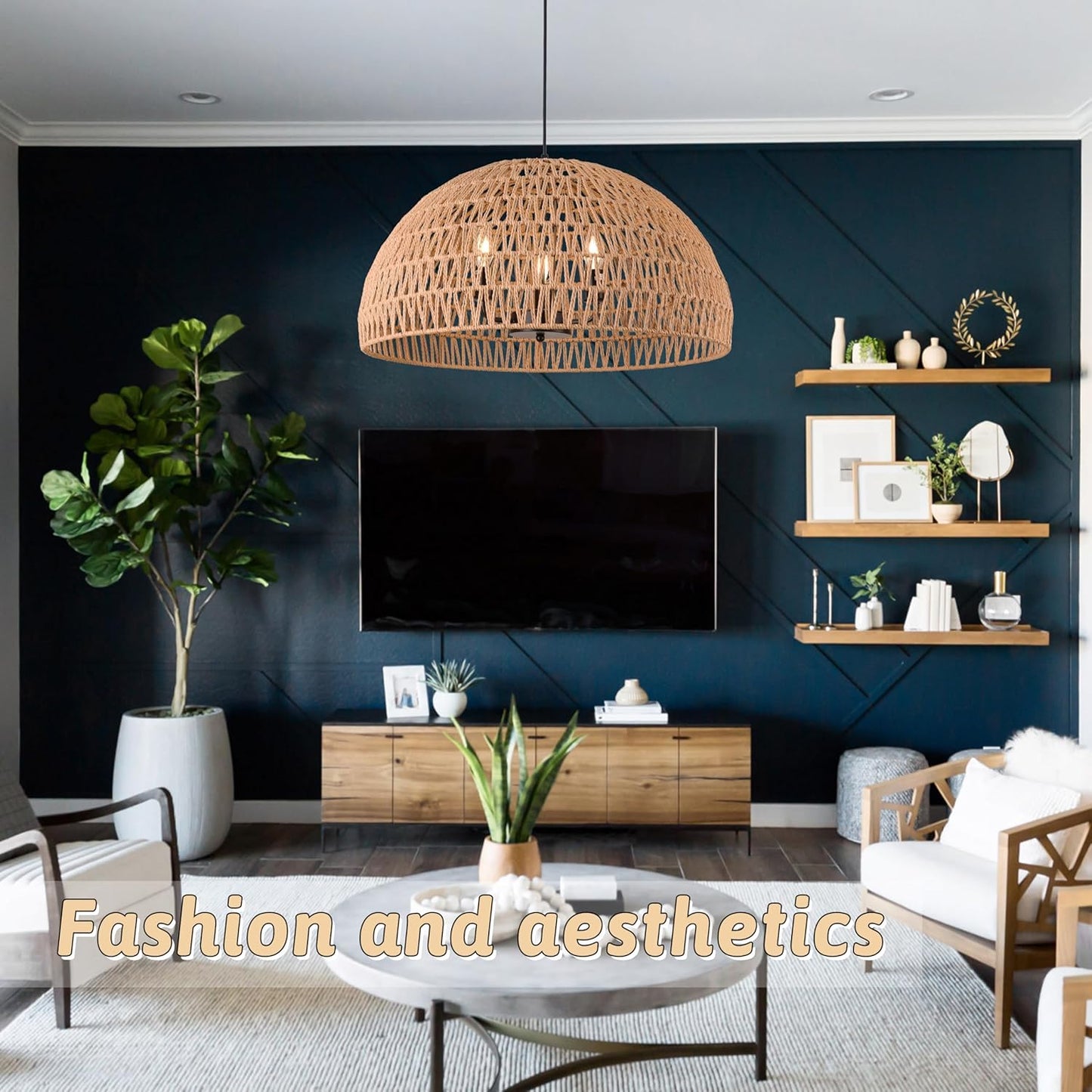 24" Brown Woven Pendant Light Boho Chandelier Dome Rustic Farmhouse Chandelier Wicker Pendant Light Rattan Light Fixture for Dining Room Living Room Bedroom Kitchen Island Foyer(Bulb Incl)