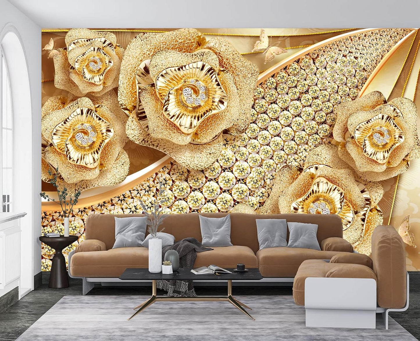 Golden Jewelry Diamond Rose Butterfly Wall Mural Wallpaper for Bedroom 103" x 69"