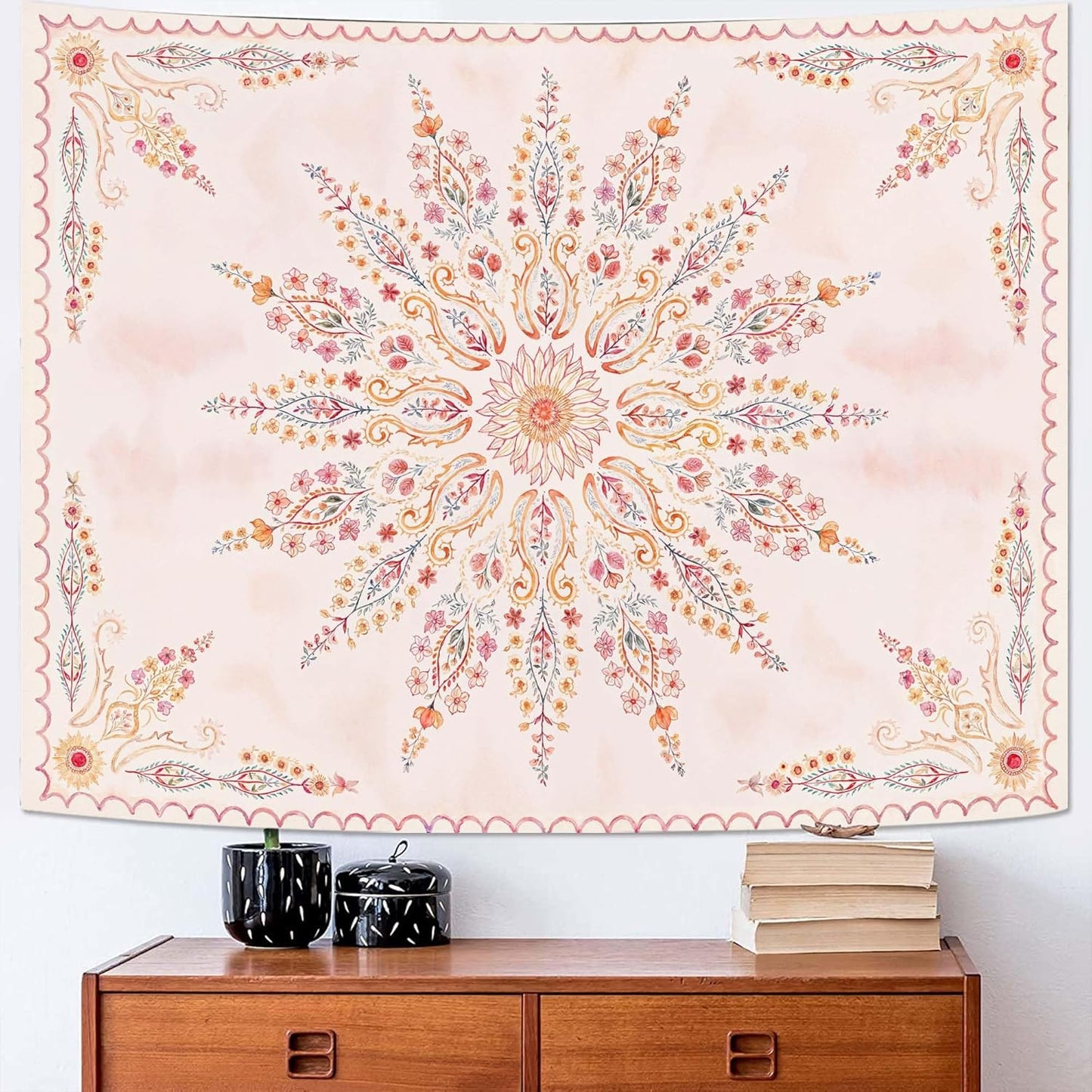 Fowocu Boho Floral Mandala Tapestry for Bedroom Aesthetic Pink Bohemian Flower Wall Tapestry Watercolor Hippie Indian Tapestries Wall Hanging for Living Room Dorm Decor 60 x 44 Inch