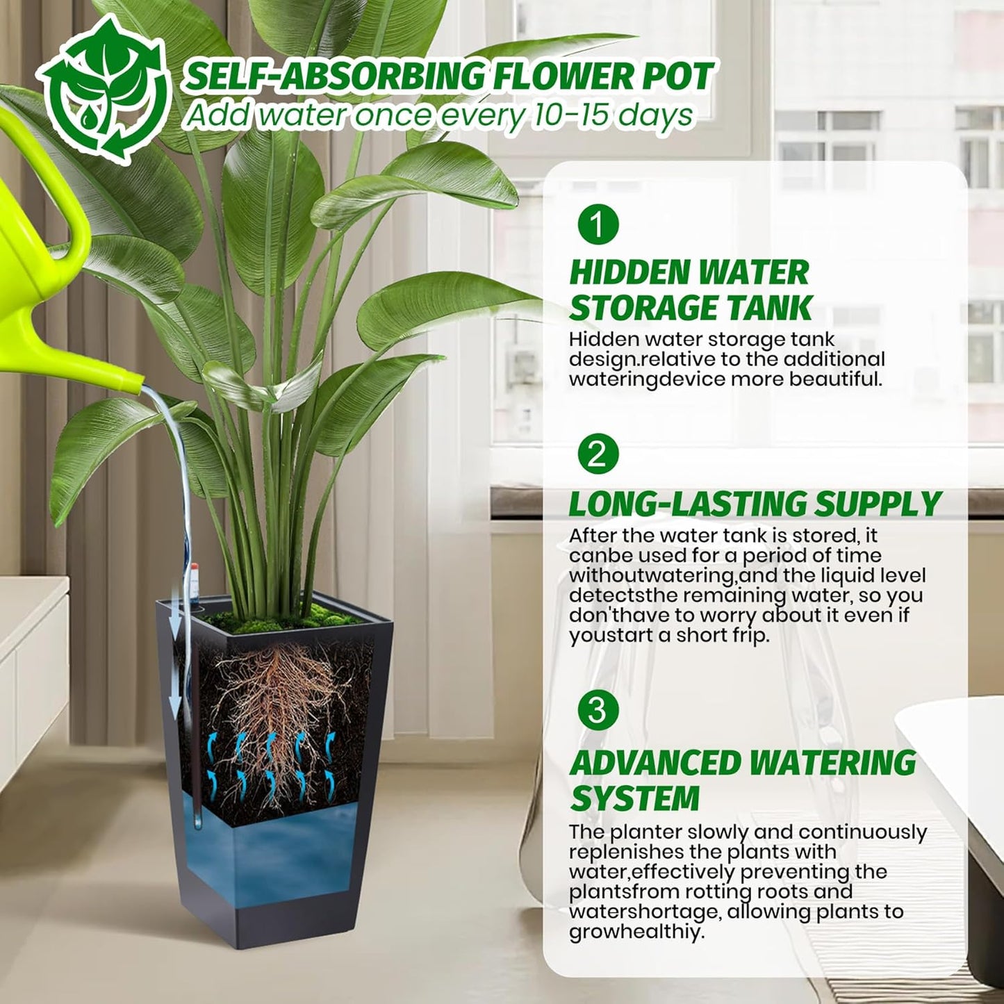 16" Tall Planters Set of 2, Outdoor＆Indoor Black Planter Pots, High Front Porch Planter Pots with Drainage Holes＆Water Level Monitor＆Inner Bucket, Automatic Watering,Black