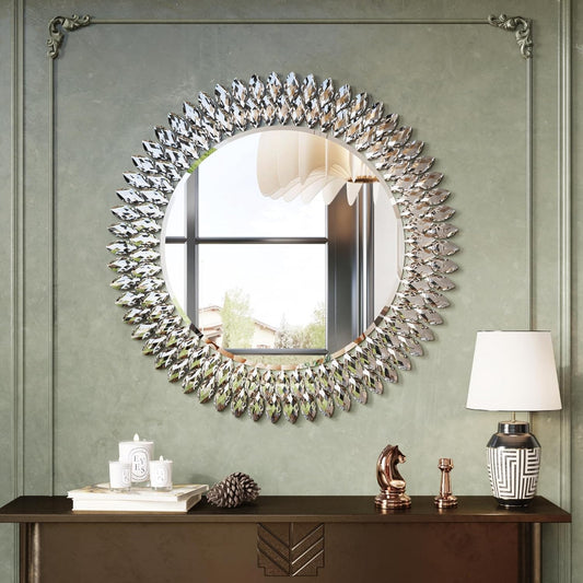Kelly Miller Jeweled Mirror for Wall, 28 Inch Round Luxury Mirror with Sparkling Diamonds Beveled Modern Wall Decor for Bathroom, Living Room, Bedroom, Hallway