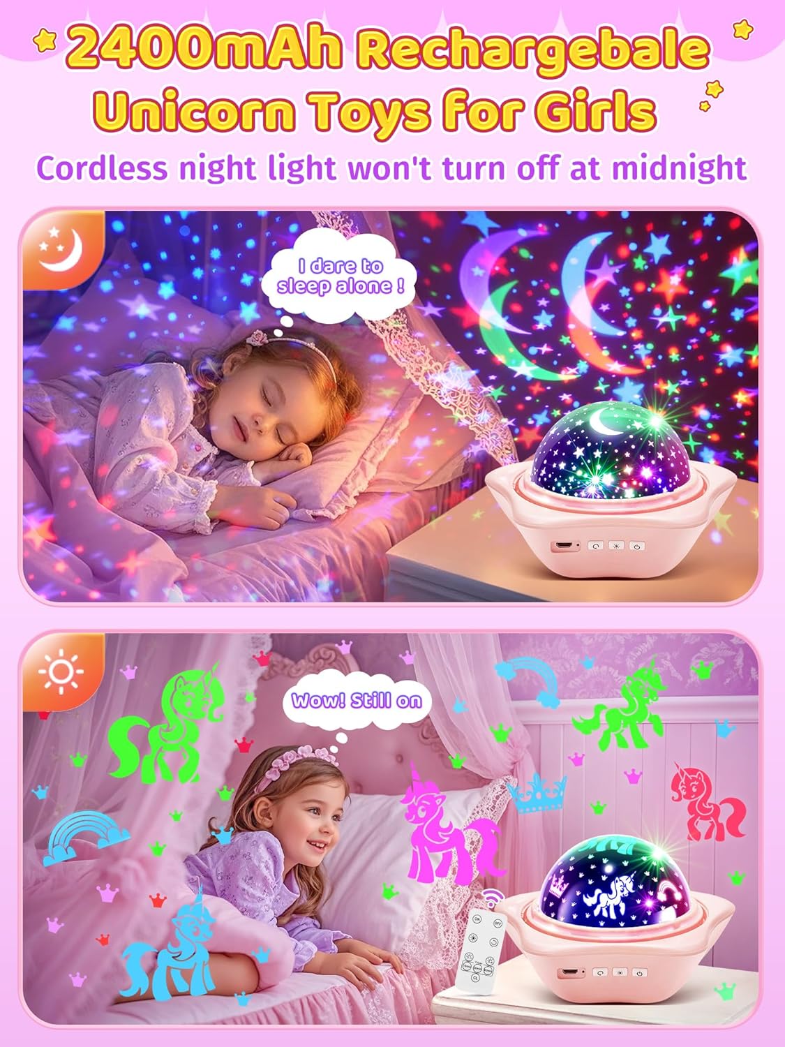PIKOY Unicorn Room Decor for Girls Bedroom, 96 Lights+6 Films Unicorn Night Light for Girls Room Decor, Princess+Mermaid+Butterfly Lamp, 360° Rotation+Cordless 3-6 Year Old Girl Birthday Gift Ideas