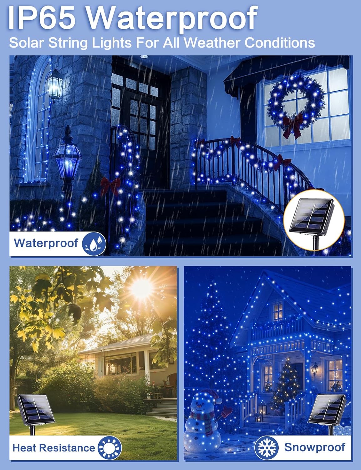 2 Pack Blue and White Solar String Lights Outdoor, 80FT 200 LED Waterproof Silver Wire Fairy Light, 8 Modes Solar Twinkle Light for Christmas Wedding New Year Independence Day Patio Fence Tree Decor
