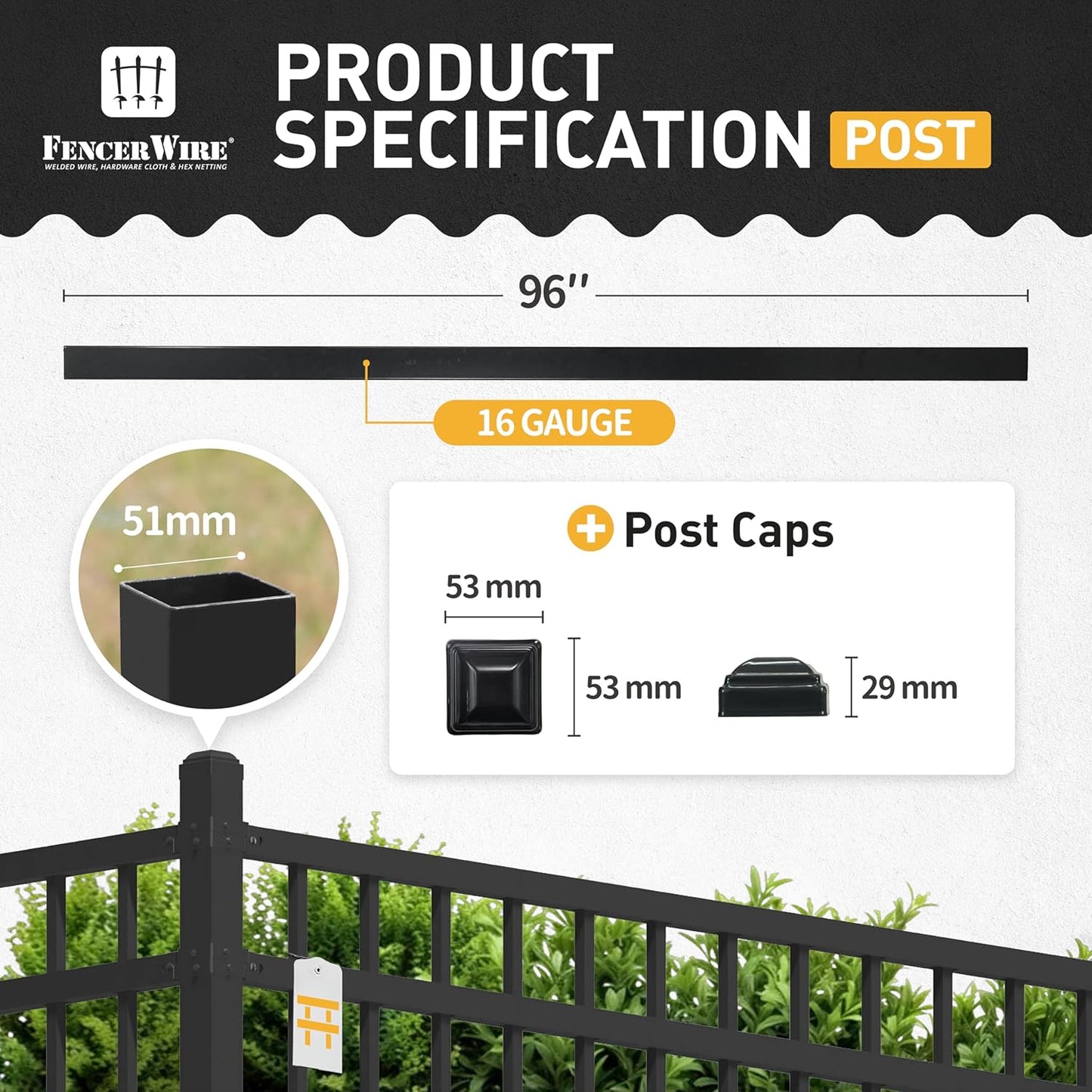 Fencer Wire Heavy Duty 8FT Outdoor Steel Fencing Border Post, 16 Gauge Anti-Rust Metal Fence Post, 2” Diameter Decorative Garden Fence Post, Single