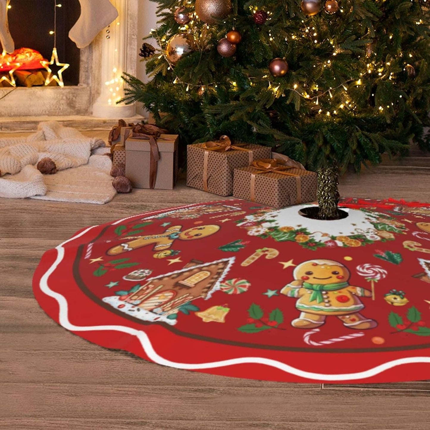 Gingerbread Man Candy Christmas Tree Skirt Xmas Tree Mat Christmas Tree Ornaments Decorations Holiday Party Indoor Outdoor 48"