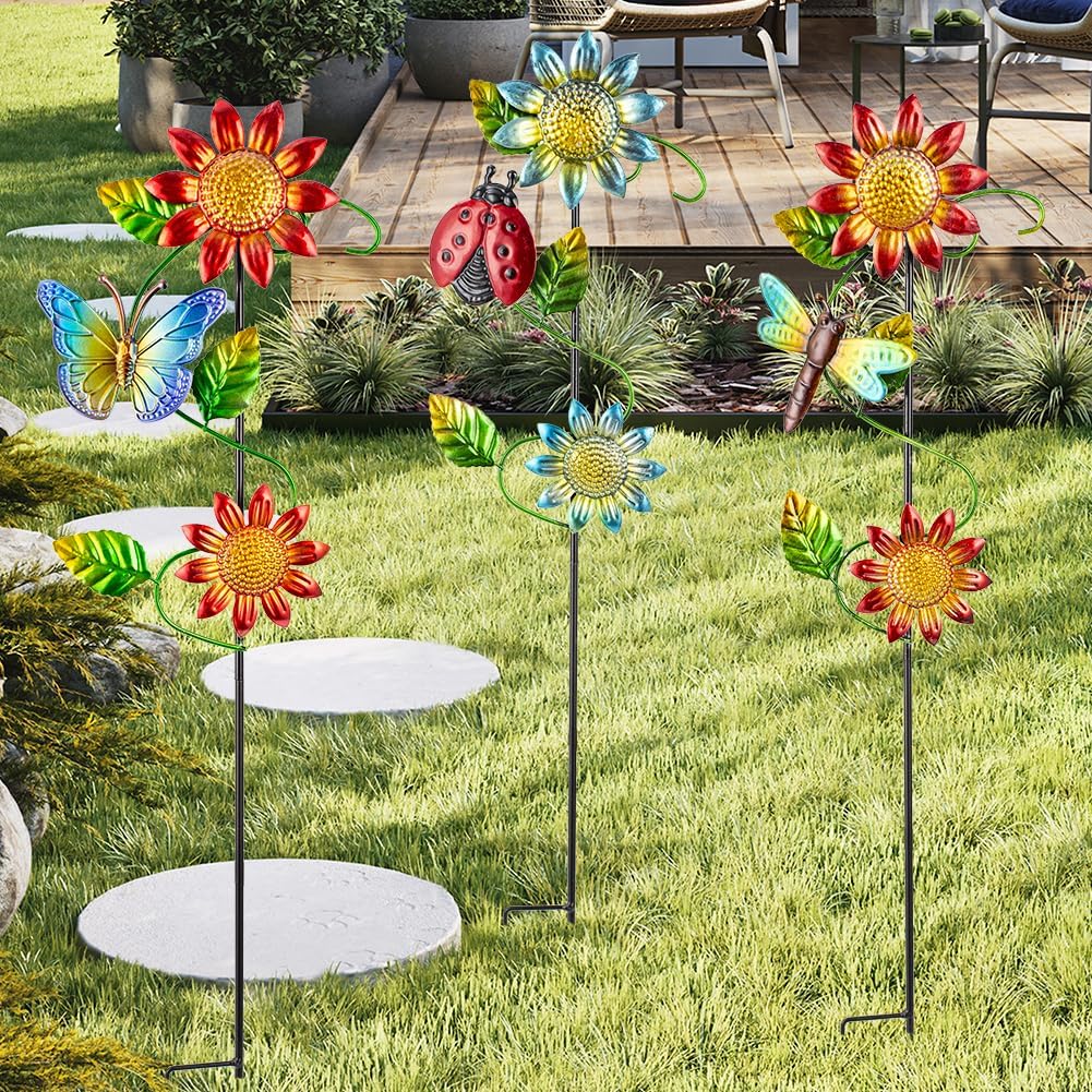 3 Pcs Sunflower＆Butterly＆Ladybug＆Dragonfly Decorative Garden Stakes,23.5 in Metal Sunflower Yard Art for Outside Decor,Spring Outdoor Decor for Mom,Women,Grandma