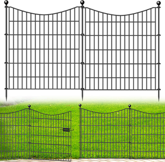 10 Panels Decorative Garden Fence with Gate, 32 in(H) X 23.6 ft(L) No Dig Dog Fence Animal Barrier Outdoor for Yard, Rustproof Metal Garden Edging and Borders, Temporary Fencing Stakes