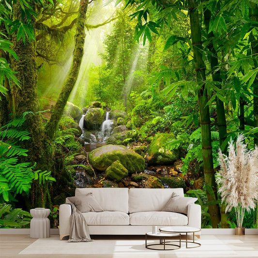Green Forest Tropical Rainforest wallpeper Living Room Bedroom Nature Jungle Landscape Office Woodland Scenery Tree Wall Mural - 91"x65"（Not Peel and Stick）