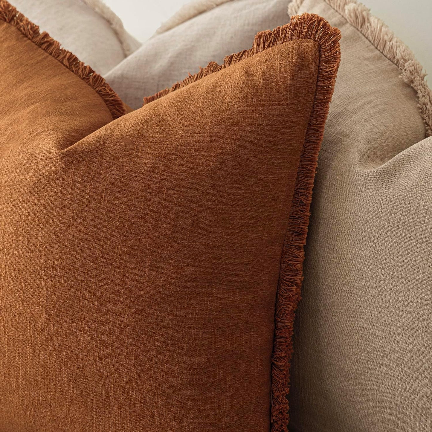 Foindtower Set of 2 Decorative Linen Fringe Throw Pillow Covers Cozy Boho Farmhouse Cushion Cover with Tassels Soft Accent Pillowcase for Couch Sofa Bed Living Room Home Decor, 18×18 Inch, Orange