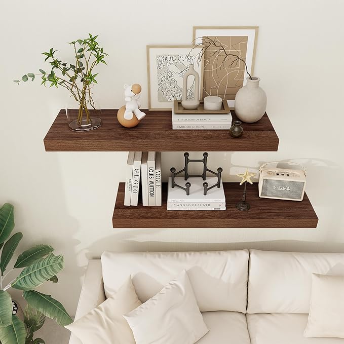 Floating Shelves 36 Inch Long, 12 Inch Deep Floating Shelves for Wall, 36 x 12 Shelves for Wall Storage & Display, 2" Thick Floating Shelf for Bathroom, Living Room, Bedroom, Walnut Color, Set of 1