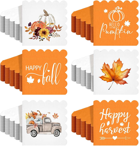 150 Pcs 5 x 5 Inches Fall Thanksgiving Paper Napkins Autumn Pumpkin Scalloped Cocktail Napkins for Decoupage Disposable Autumn Harvest Party Supply Bathroom Table Dessert Dinner Wedding Decor