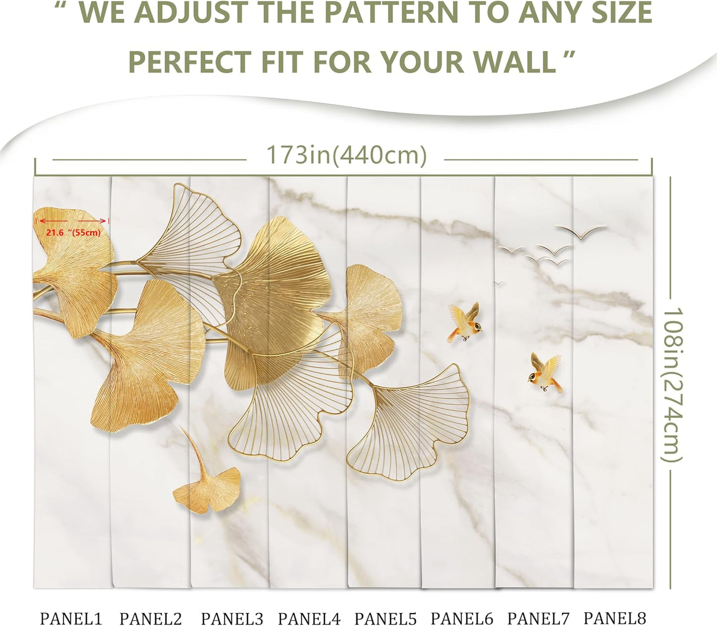 Golden Ginkgo Leaves Wall Mural Fake Marble Wallpaper for Bedroom Living Room (Not Peel n' Stick)
