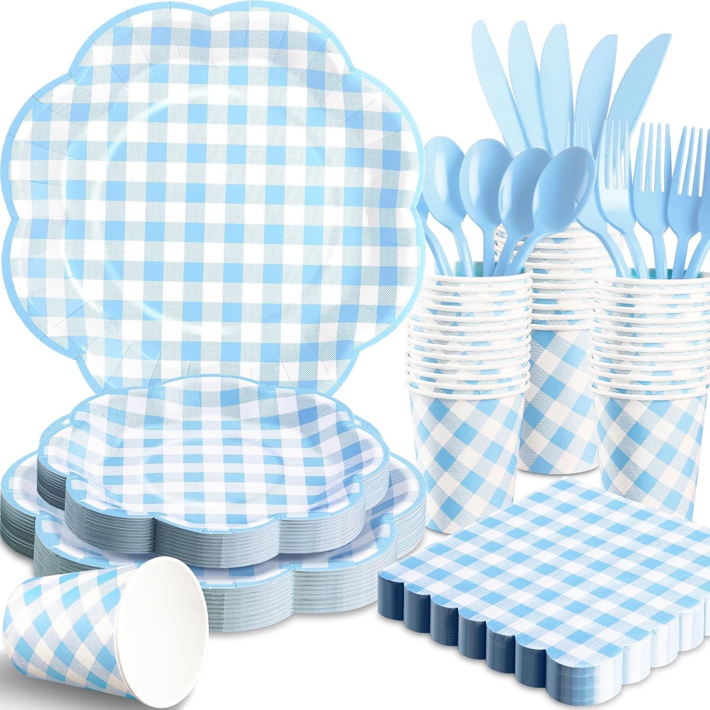 175 Pcs Blue Gingham Plates and Napkins Party Supplies - Blue and White Checkered Plates Sets Serve 25 Guests - Scalloped Gingham Paper Plate for Birthday Dinner Wedding Baby Shower Party Decorations