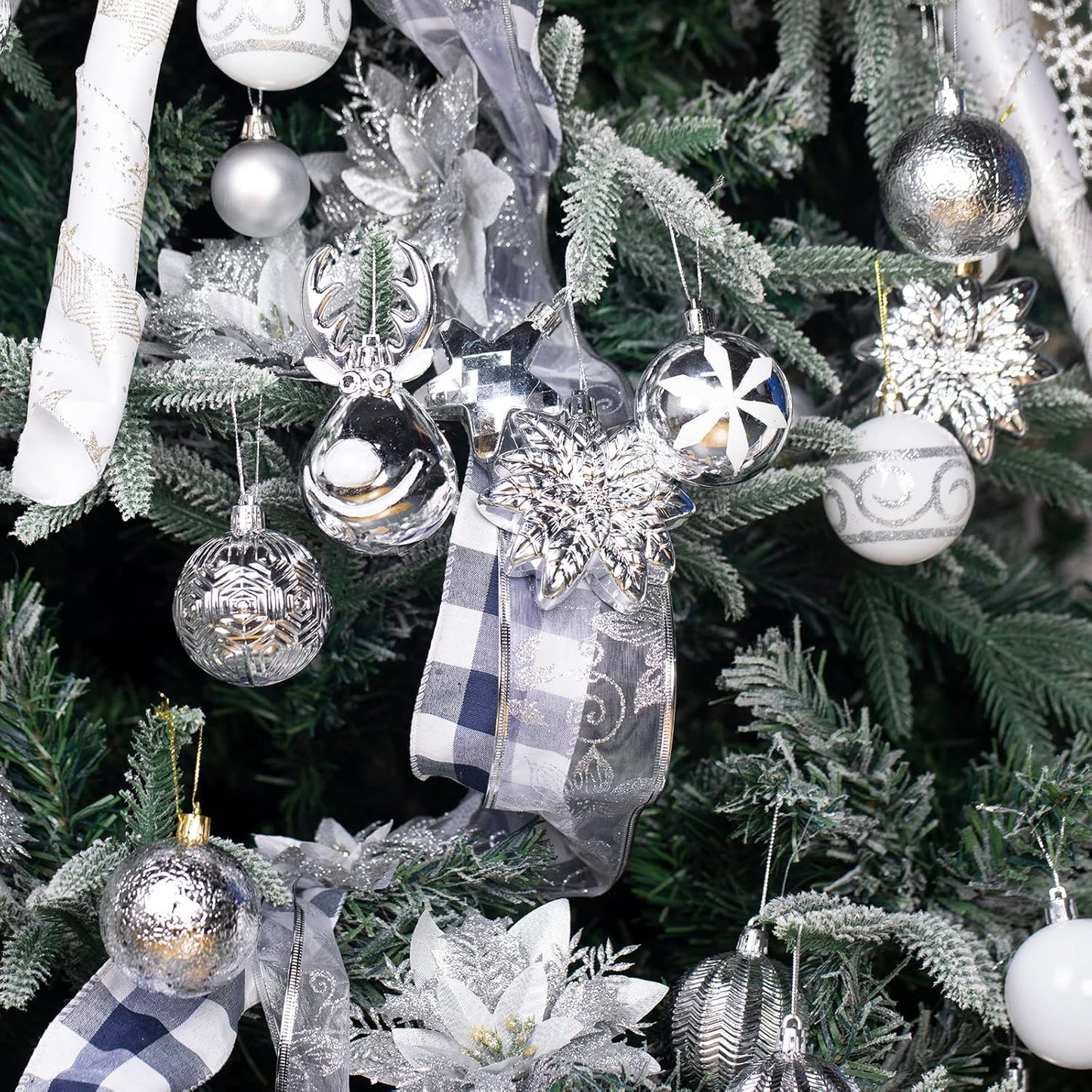 100 Pack Christmas Ball Ornaments,Silver and White Plastic Christmas Balls Shatterproof Christmas Tree Decorations in Indoor,Holiday Xmas Tree Decor Hanging Baubles Balls