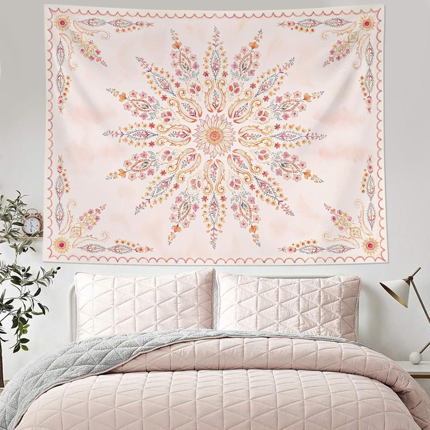 Fowocu Boho Floral Mandala Tapestry for Bedroom Aesthetic Pink Bohemian Flower Wall Tapestry Watercolor Hippie Indian Small Tapestries Wall Hanging for Living Room Dorm Decor 48 x 36 Inch