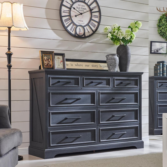 Farmhouse 9 Drawer Dresser for Bedroom, 36 Inch Tall Modern Dresser TV Stand with Large Drawers & Bar Handles, Rustic Wood Chest of Drawers for Bedroom, Living Room, Hallway, Black