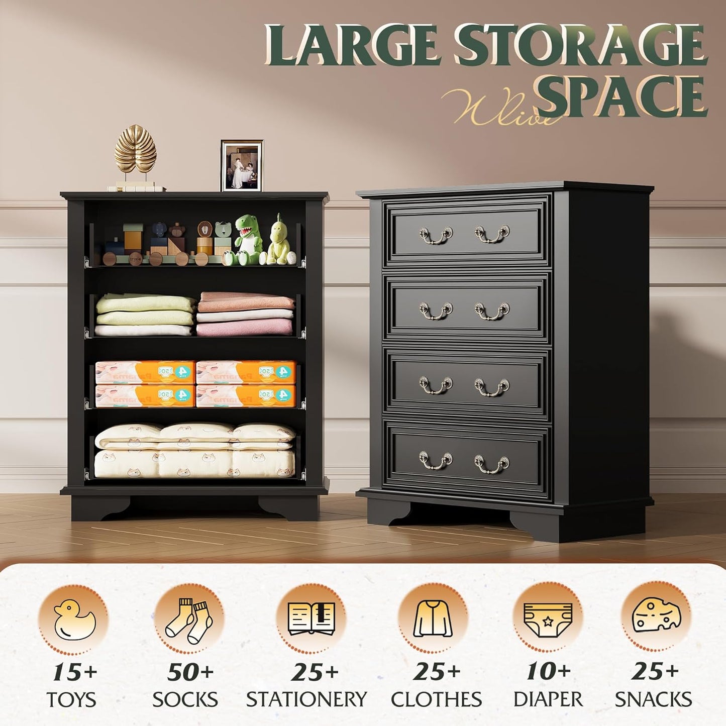 WLIVE Farmhouse Dresser for Bedroom, Tall Wood Dresser with 4 Drawers, Chest of Drawers with Roman Metal Handle for Living Room, Hallway, Closet, Black