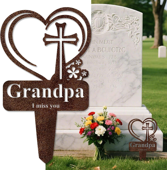 Grandpa Memorial Grave Stake, Cemetery Decorations for Grave Markers 12.5 x 7.2 inch Heart Metal Sympathy Stakes Graveside Plaque Decor Sign for Grandpa Graves, Yard, Garden - Rust-Grandpa