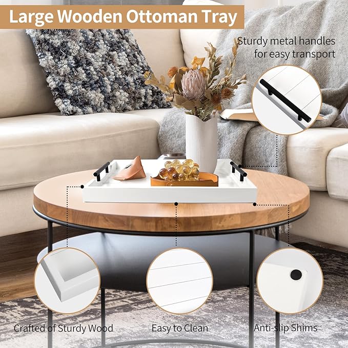 Coffee Table Tray - Large Ottoman Tray for Living Room - Wood Serving Tray with Handles(2 Sets) - Wooden Tray for Coffee Table, 4 Round Coasters Included, White