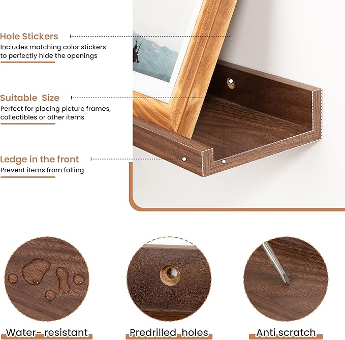 Fun Memories Picture Ledge Shelves Set of 2, 55 Inch Rustic Wall Mounted Floating Shelves with Lip for Home Storage and Décor in Bathroom, Kitchen, Nursery, Bedroom, Living Room, Walnut